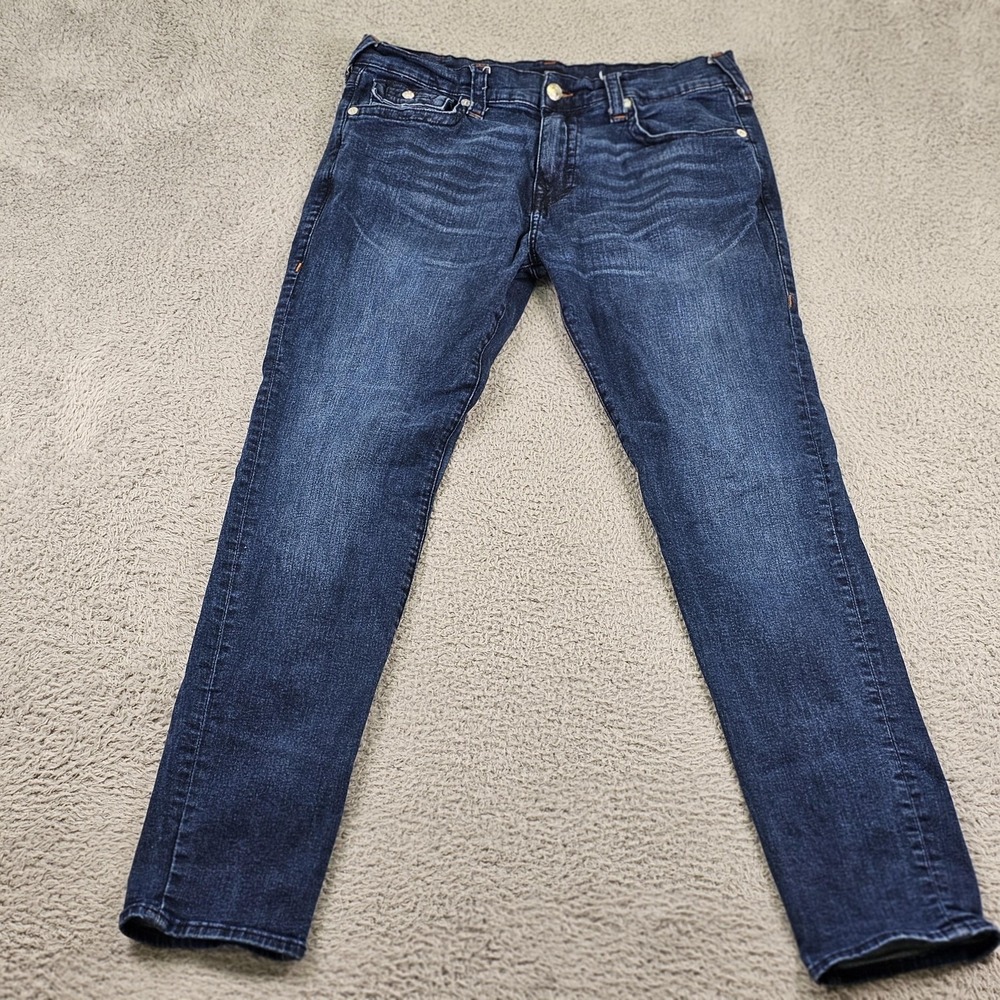 True Religion Rocco Jeans Mens 38 Blue Relaxed Skinny Denim Flap Pockets Stretch